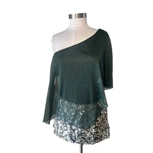 Y2K One Shoulder Top M Green Metallic Shimmer Overlay Poncho Built in Tank
